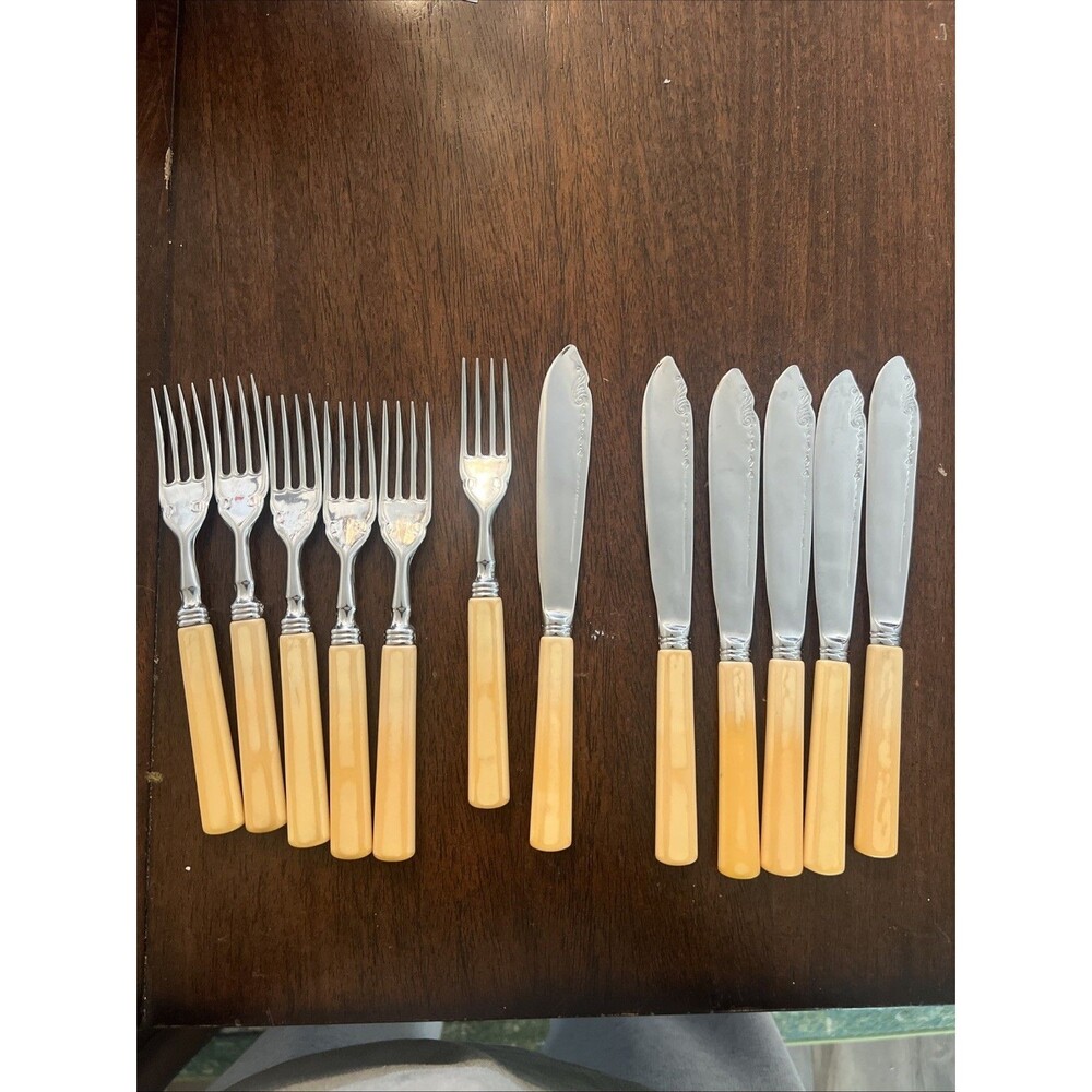Antique Fish Cutlery Silverplate Set of 12 Forks & Knives Ivorine Handle